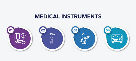 infographic element template with medical instruments outline icons such as tonometer, dental drill, fireman, sterilization vector.