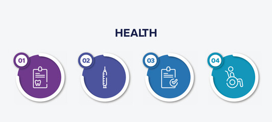 infographic element template with health outline icons such as dental record, medical syringe, stais, wheelchair accesibility vector.