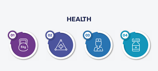 infographic element template with health outline icons such as weights, warning triangular, nurses, medicine container vector.
