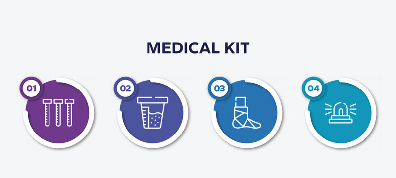 Infographic Element Template With Medical Kit Outline Icons Such As Sample Tube, Urine Test, Broken Leg, Ambulance Lights Vector.