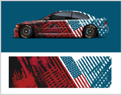 Vector Car Wrap, American Flag Supercar, Rally, Drift. Background Racing Graphic Lines And Spots. Eps 10