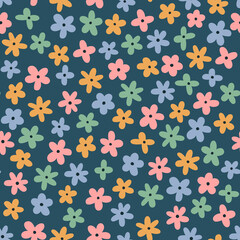Vector floral seamless pattern in hand-drawn style on green background. Vector retro texture with cute little flowers. Floral print design for textiles, wrapping paper, gift paper, fabric.