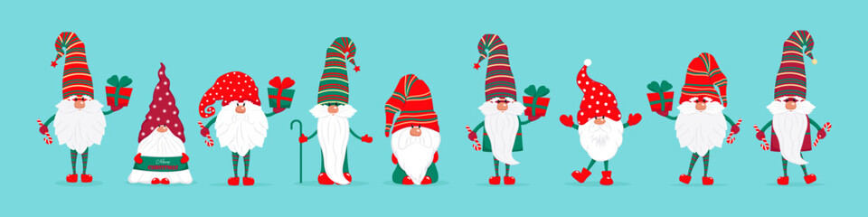 A large set of Christmas gnomes. Cute fairy tale characters with gifts and sweets. Vector illustration in flat style