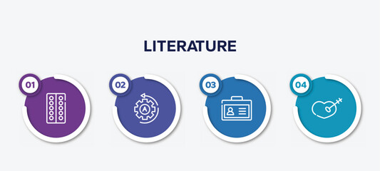 infographic element template with literature outline icons such as blister, automatic, student card, treason vector.