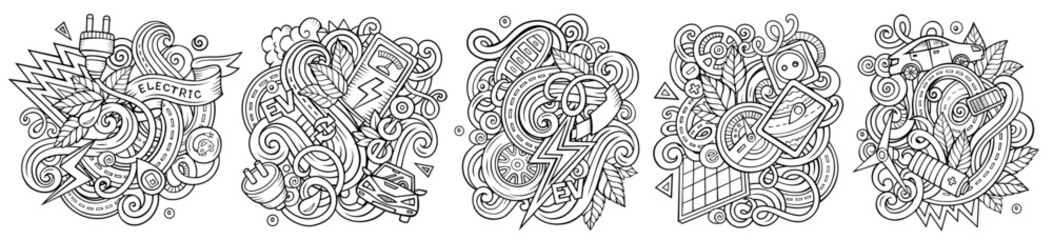 Electric Cars cartoon vector doodle designs set.