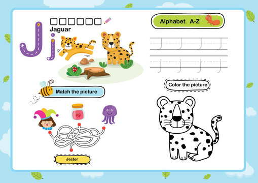 Alphabet Letter J-Jaguar exercise with cartoon vocabulary illustration, vector
