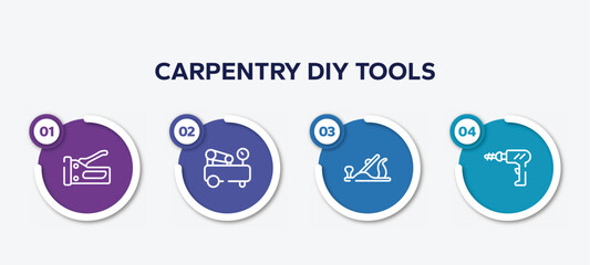 infographic element template with carpentry diy tools outline icons such as big stapler, air compressor, plane controls, perforator vector.
