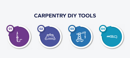 infographic element template with carpentry diy tools outline icons such as solder, iron helmet, small crane, stationery knife vector.