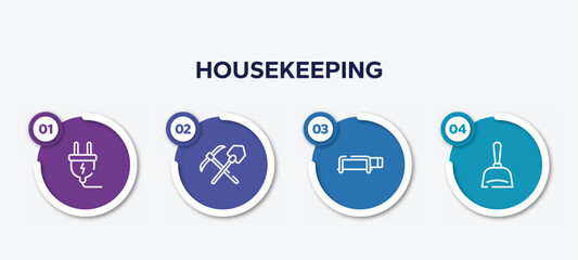 infographic element template with housekeeping outline icons such as electrical plug, mine, hacksaw with handle, dustpan vector.