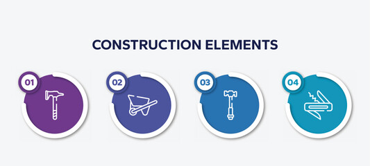 infographic element template with construction elements outline icons such as battle axe, wheelbarrow full, hammer facinf left, jackknife vector.