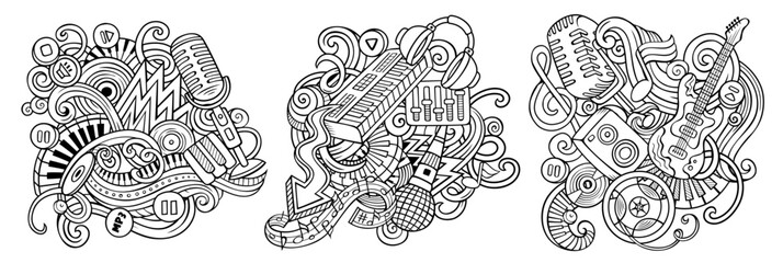 Disco music cartoon vector doodle designs set.
