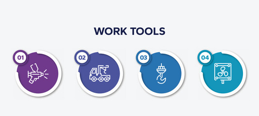 infographic element template with work tools outline icons such as paint airbrush, truck with crane, constructions, vent vector.