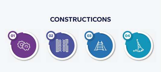 infographic element template with constructicons outline icons such as cogwheel hand drawn tool, tiremark, double ladder, sweeping broom vector.