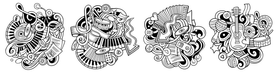 Music cartoon vector doodle designs set
