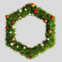 Fototapeta na wymiar Beautiful christmas wreath hexagon frame on transparent background, top view with pace for text (3D Rendering)