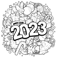 2023 doodles illustration. New Year objects and elements poster