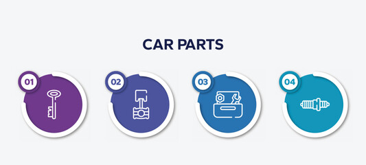 infographic element template with car parts outline icons such as antique key, piston, wrench and nut, spark plug vector.
