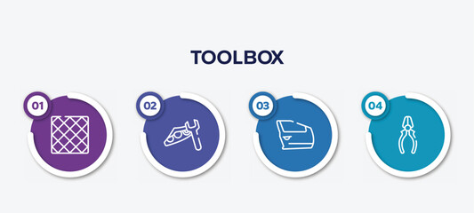 infographic element template with toolbox outline icons such as tile, headlight, car door, repair pliers vector.