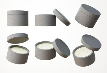 Set of six different angles of concrete container candle with two cotton wicks in white concrete jar with lid 3D render, commercial product mock-up
