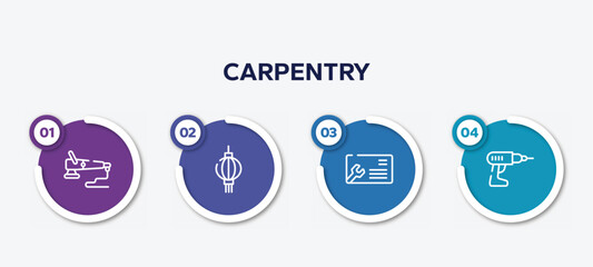 infographic element template with carpentry outline icons such as polisher, paper lantern, business cards, hand drill vector.