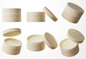 Set of six different angles of stone container candle with two cotton wicks in white concrete jar with lid 3D render, commercial product mock-up