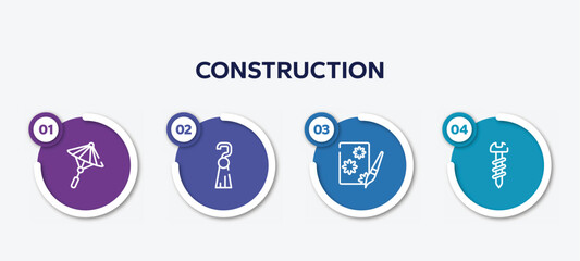 infographic element template with construction outline icons such as japanese umbrella, tassel, decoupage, screws vector.