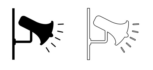 Cartoon megaphone on the wall. loudspeaker black logo or icon. Social media, marketing megaphone advertising. Urban megaphones or loudspeakers tools. Speaker symbol. Line pattern
