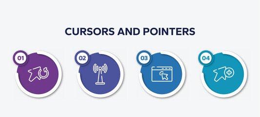 infographic element template with cursors and pointers outline icons such as update arrow, wireless band, window with arrows, add vector.