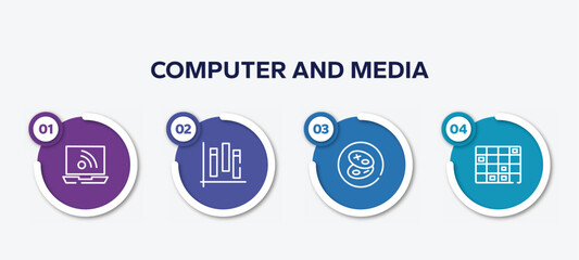 infographic element template with computer and media outline icons such as laptop connected to internet, chart of columns, cookies, spreadsheet cell row vector.