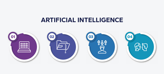 infographic element template with artificial intelligence outline icons such as binary code, compressed file, producer, turing test vector.