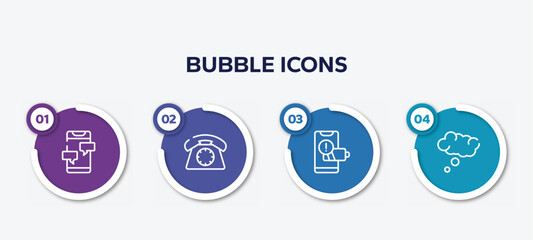 infographic element template with bubble icons outline icons such as message from phone, dial phone, phone with low battery, thinking bubble vector.