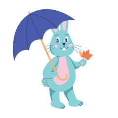 Rabbit is a character under an umbrella with autumn leaves. Flat vector illustration