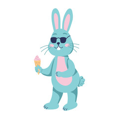 Rabbit is a character with ice cream. Flat vector illustration