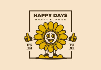Retro art illustration of a sunflower with happy face