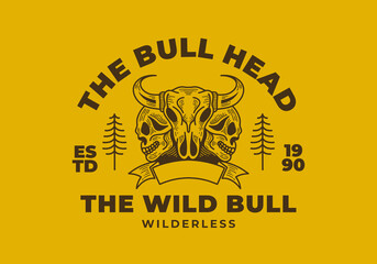 Bull and skull head retro illustration design on yellow background