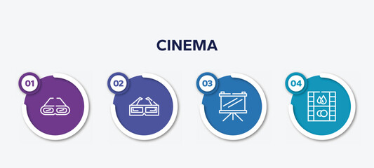 infographic element template with cinema outline icons such as old 3d glasses, 3d paper glasses, fabric for movies, image fotogram vector.