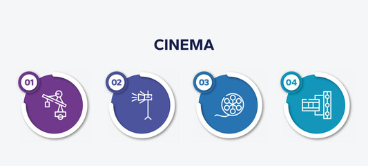 infographic element template with cinema outline icons such as null, movie light, film roll side view, film strip of two photograms vector.