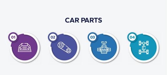 infographic element template with car parts outline icons such as car parcel shelf, car camshaft, jack, axle vector.
