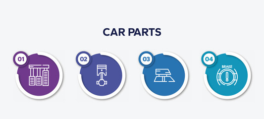 Fototapeta na wymiar infographic element template with car parts outline icons such as car accelerator, car cylinder, roof, brake light vector.