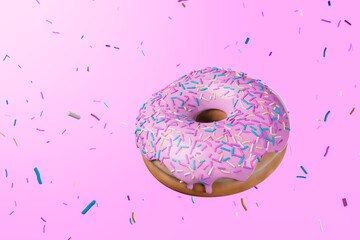 Pink donut floating with explosion of colorful sprinkles on pink background. Funny 3D Render of realistic and delicious pink donut.