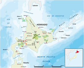 Map of the Japanese island of Hokkaido - obrazy, fototapety, plakaty