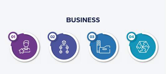 infographic element template with business outline icons such as cheque, officer, pin code, confirmation vector.