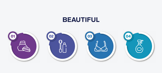 infographic element template with beautiful outline icons such as hand cream, null, brassiere, hair spray bottle vector.