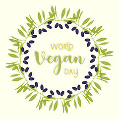 World Vegan Day round wreath frame with olive branch , for poster congratulations banner. Vector illustration