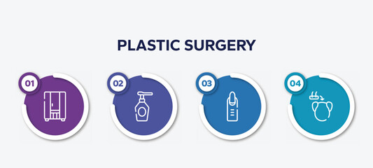infographic element template with plastic surgery outline icons such as infrared, spray bottle, nail, hair transplant vector.
