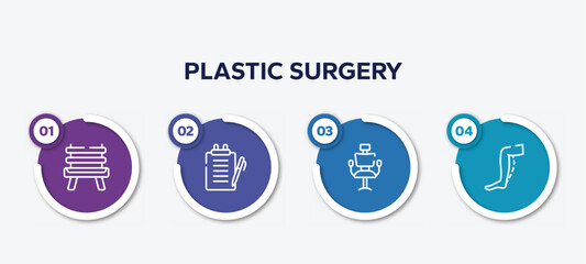 infographic element template with plastic surgery outline icons such as wooden chair, medical report, hairdresser chair, calf vector.