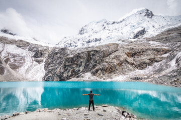 amazing view of 69 lagoon in peruvian andes, huascaran - obrazy, fototapety, plakaty