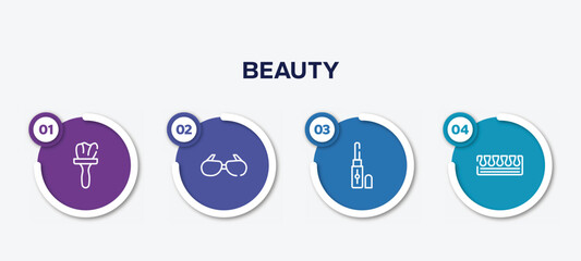 infographic element template with beauty outline icons such as tint, sun glasses, concealer, toe separator vector.