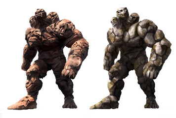A set of fantasy characters, two huge stone giants in motion without a background in full growth. Clay and rock golems with three heads and powerful arms look up, stepping forward, 2d illustration.