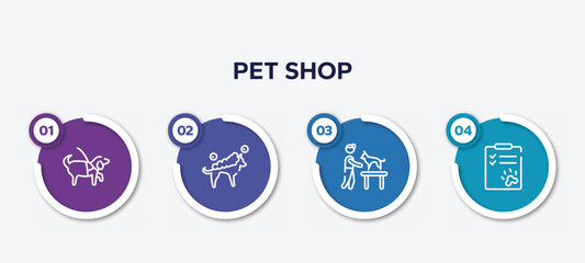 infographic element template with pet shop outline icons such as guide dog, washing the dog, dog and veterinarian, health list vector.